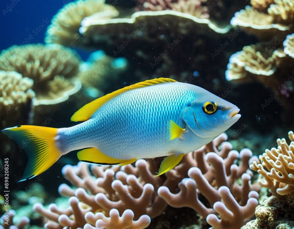 Vibrant orange white yellow blue red reef fish swim through coral reef. Sun rays pierce sea water. Variety of animal. Ecology hydrosphere. Anthropogenic factor influencing death of coral reefs. AI Vibrant orange white yellow blue red reef fish swim through coral reef. Sun rays pierce sea water. Variety of animal. Ecology hydrosphere. Anthropogenic factor influencing death of coral reefs. AI