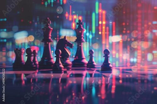 Chess pieces on giant stock market graph, strategic investment planning, with copy space