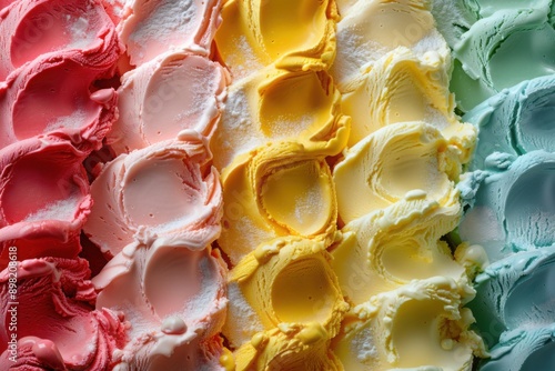 Colorful array of gelato flavors, dessert selection, with copy space