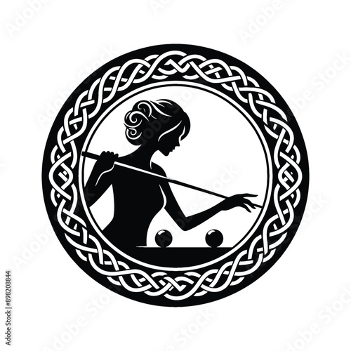 Billiards, Snooker  female player in celtic knot pattern illustration, emblem shield badge