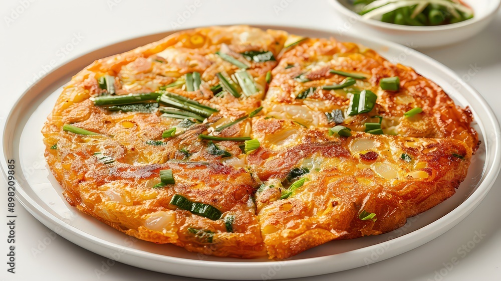 seafood and green onion pancake, haemul pajeon, golden and crispy, placed on a white background. seafood and green onion pancake, haemul pajeon, golden and crispy, placed on a white background.