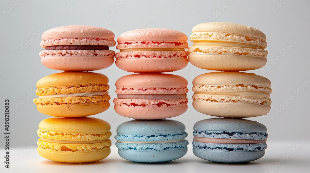 tower of pastel-colored macarons, stacked elegantly on a white background, highlighting their delicate textures and vibrant hues. tower of pastel-colored macarons, stacked elegantly on a white background, highlighting their delicate textures and vibrant hues.