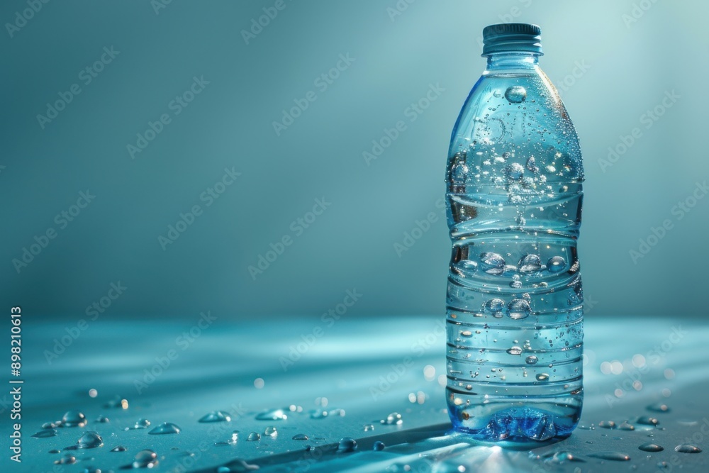 Close-up of water bottle with droplets on a blue background Close-up of water bottle with droplets on a blue background