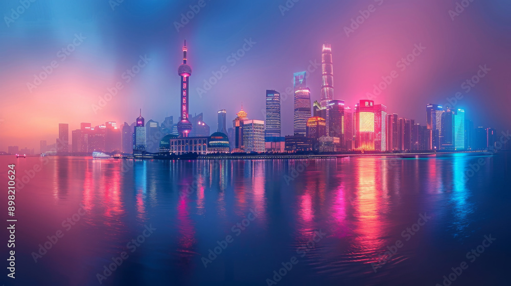 A city skyline with a tall tower in the background A city skyline with a tall tower in the background
