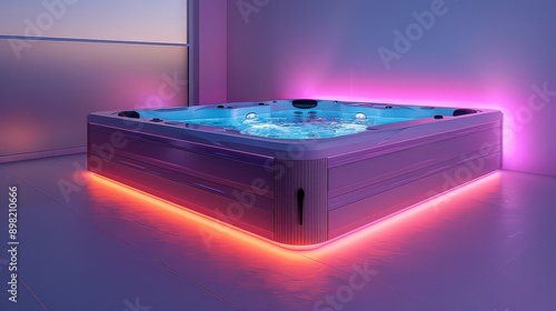 Display a Jacuzzi with multi-colored LED lights along the perimeter, set against a white background to showcase its vibrant and modern aesthetic. © Lamina