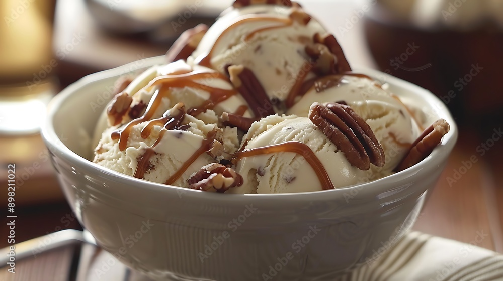 Butter pecan ice cream with caramel drizzle Butter pecan ice cream with caramel drizzle