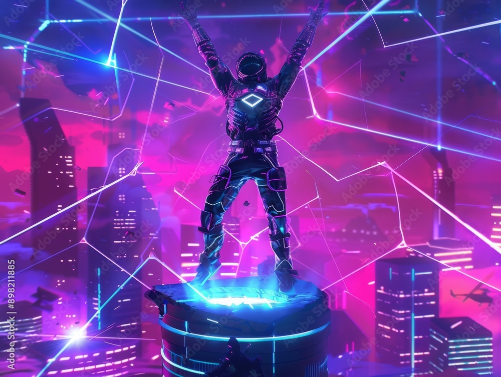 A futuristic digital artwork illustrating a video game character standing victorious atop a defeated adversary, the vivid, neon-lit virtual world and the character triumphant pose A futuristic digital artwork illustrating a video game character standing victorious atop a defeated adversary, the vivid, neon-lit virtual world and the character triumphant pose