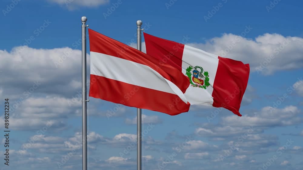 Peru and Austria flags flying together, video concept of the relationship, two country cooperation concept Peru and Austria flags flying together, video concept of the relationship, two country cooperation concept