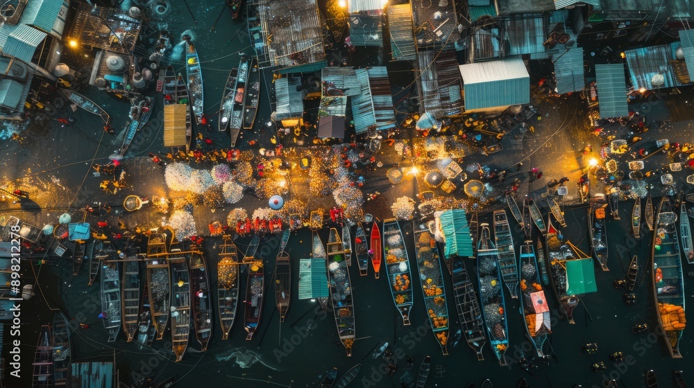 aerial shot of a bustling fish market at dawn, with hundreds of vendors and buyers creating a vibrant mosaic of activity, colors, and textures aerial shot of a bustling fish market at dawn, with hundreds of vendors and buyers creating a vibrant mosaic of activity, colors, and textures
