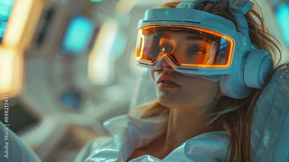 A young woman using a virtual reality headset in a sleek, futuristic room. Generative AI A young woman using a virtual reality headset in a sleek, futuristic room. Generative AI