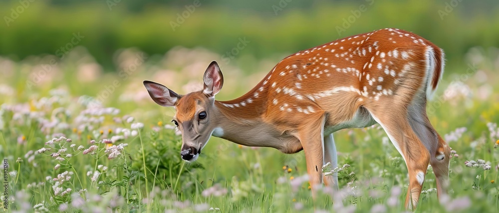 Deer grazing in a blooming meadow, enjoying the fresh vitality of spring, Nature's Rejuvenation Deer grazing in a blooming meadow, enjoying the fresh vitality of spring, Nature's Rejuvenation
