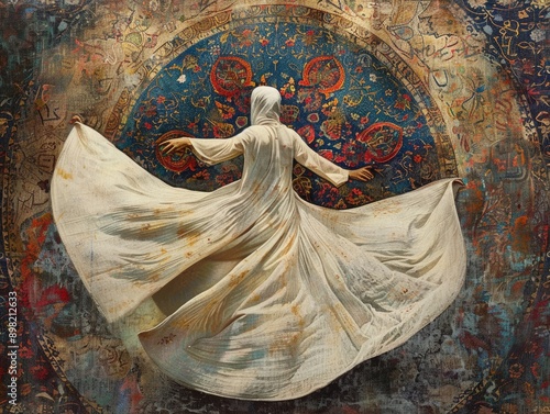 Sufi whirling dervish, with the dervish's white robe billowing gracefully in a circular motion, set against a deep, richly textured backdrop of traditional Middle Eastern patterns
