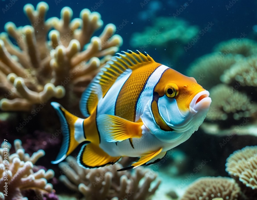 Vibrant orange white yellow blue red reef fish swim through coral reef. Sun rays pierce sea water. Variety of animal. Ecology hydrosphere. Anthropogenic factor influencing death of coral reefs. AI Vibrant orange white yellow blue red reef fish swim through coral reef. Sun rays pierce sea water. Variety of animal. Ecology hydrosphere. Anthropogenic factor influencing death of coral reefs. AI