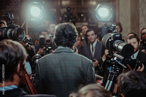 A journalistic-style photograph capturing a press conference scene, where a spokesperson faces a barrage of questions from reporters, microphones capturing the intensity of the moment