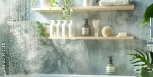 bathroom scene with a steamy shower and a shelf filled with eco-friendly moisturizing lotions and creams, embodying the daily ritual of self-care and hydration
