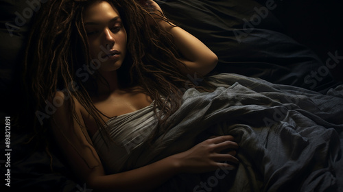 Realistic Photo Woman Dreadlocks Laying Black © vista