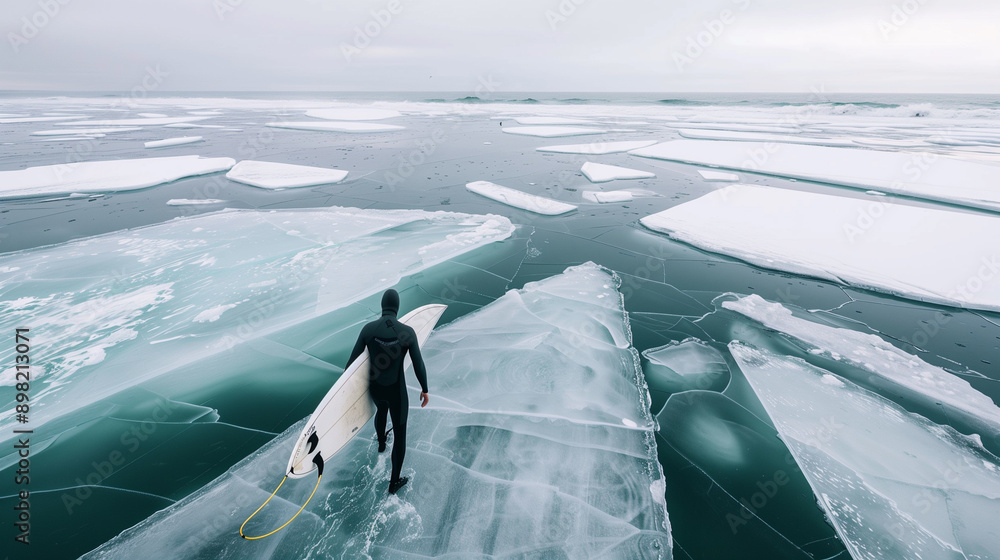 Naklejka premium Man carrying surfboard while standing in icy sea