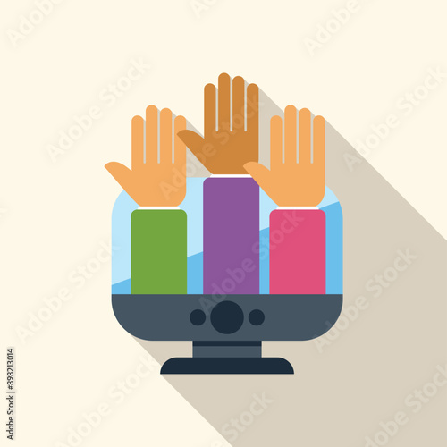 Three people are raising their hands behind a computer screen, participating in an online meeting or event