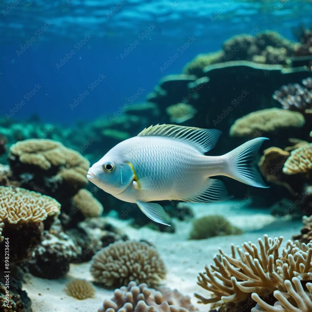Vibrant orange white yellow blue red reef fish swim through coral reef. Sun rays pierce sea water. Variety of animal. Ecology hydrosphere. Anthropogenic factor influencing death of coral reefs. AI Vibrant orange white yellow blue red reef fish swim through coral reef. Sun rays pierce sea water. Variety of animal. Ecology hydrosphere. Anthropogenic factor influencing death of coral reefs. AI