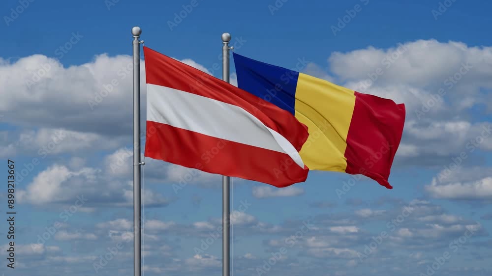 Romania and Austria flags flying together, video concept of the relationship, two country cooperation concept Romania and Austria flags flying together, video concept of the relationship, two country cooperation concept