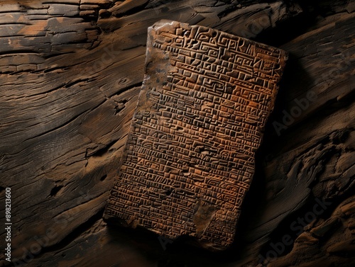 Linear B clay tablet, showcasing intricate script in warm earth tones, set against a dark, weathered wooden background, ancient craftsmanship