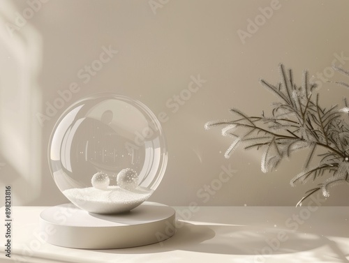 snowglobe with a simple monochromatic design, set against a neutral background to emphasize its elegant form and timeless  photo