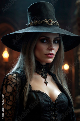 Portrait of a beautiful woman in black hat and corset. © ismael