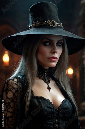 Portrait of a beautiful woman in black hat and corset.