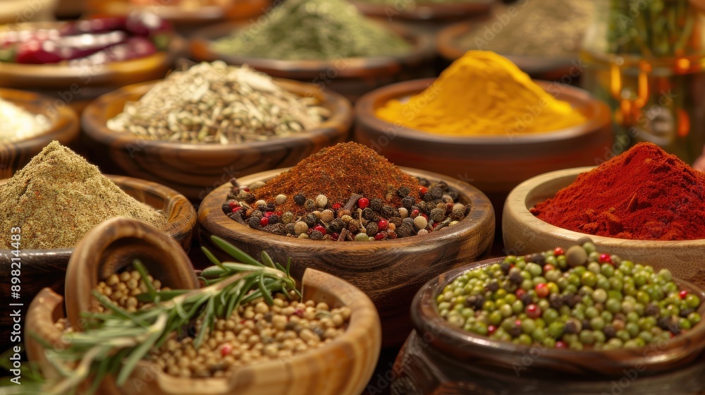 Spices and herbs in a gourmet cooking setting Spices and herbs in a gourmet cooking setting
