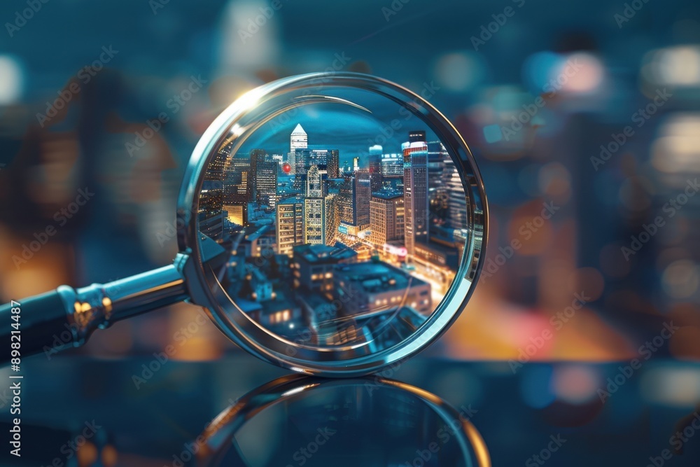 Magnifying glass examining tiny business district, market research metaphor, with copy space Magnifying glass examining tiny business district, market research metaphor, with copy space