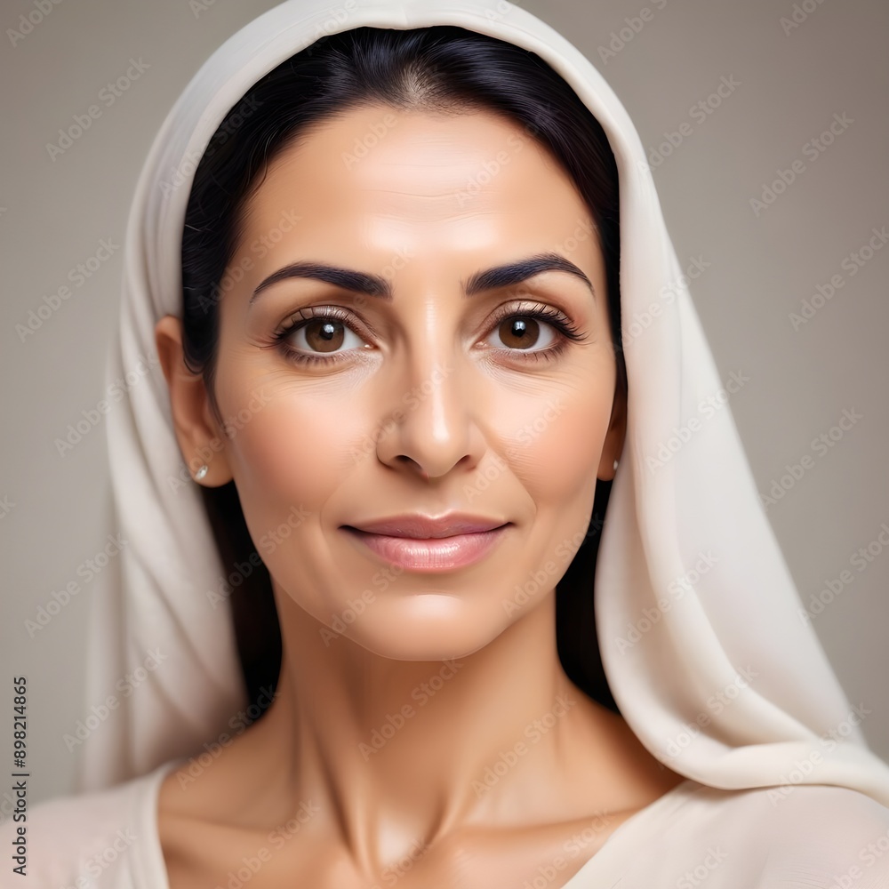 A 50 year old Middle Eastern lady with an illuminated healthy complexion, showcasing smooth skin and a calm expression, reflecting the effects of a recent beauty treatment A 50 year old Middle Eastern lady with an illuminated healthy complexion, showcasing smooth skin and a calm expression, reflecting the effects of a recent beauty treatment