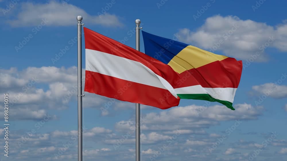 Seychelles and Austria flags flying together, video concept of the relationship, two country relations concept Seychelles and Austria flags flying together, video concept of the relationship, two country relations concept