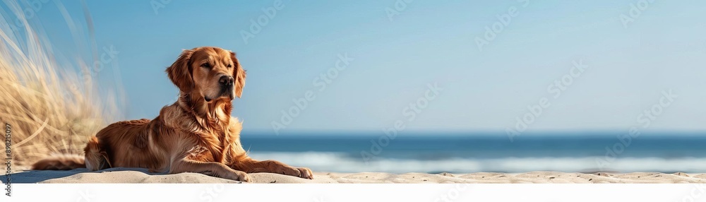 Obraz premium Golden retriever basking in sun rays on a beach, embodying loyalty and leisure, Perfect Day