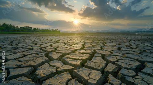 Dried Cracked Earth, Low Water Level Lake Under Sunset Sky. A View Of Dry Land With Cracks And Dried Up Vegetation During Apocalyptic Global Warming