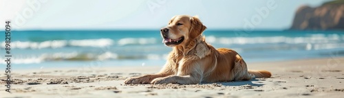 Golden retriever basking in sun rays on a beach, embodying loyalty and leisure, Perfect Day