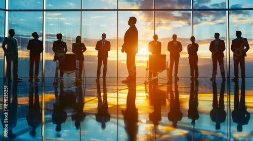 Silhouettes of businessmen in the office at sunset