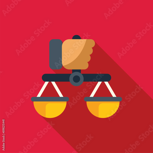 Hand holding balance scales, representing the concept of justice and fairness in a flat design style