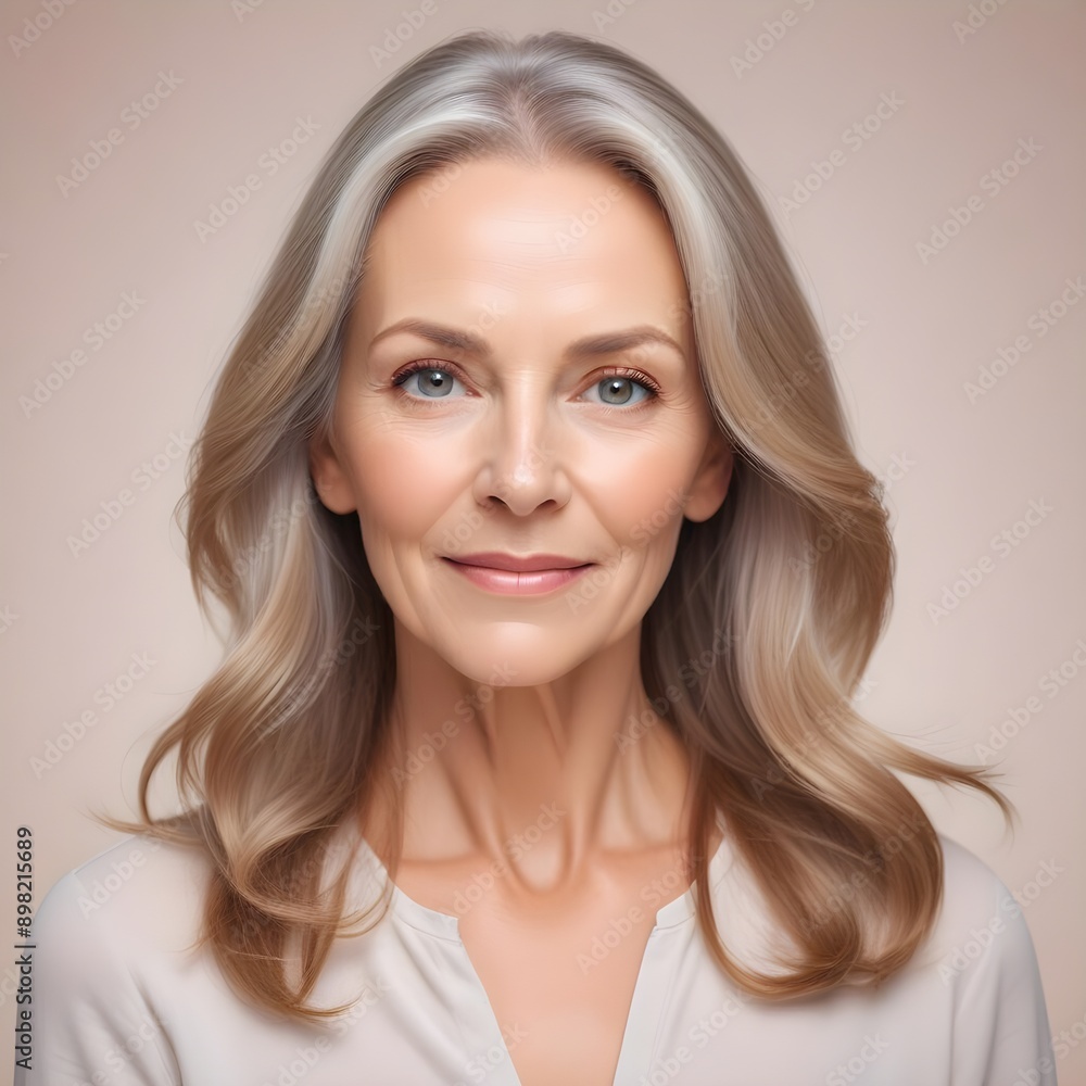 A 50 year old Caucasian lady with blonde gray hair and illuminated healthy complexion, showcasing smooth skin and a calm expression, reflecting the effects of a recent beauty treatment A 50 year old Caucasian lady with blonde gray hair and illuminated healthy complexion, showcasing smooth skin and a calm expression, reflecting the effects of a recent beauty treatment