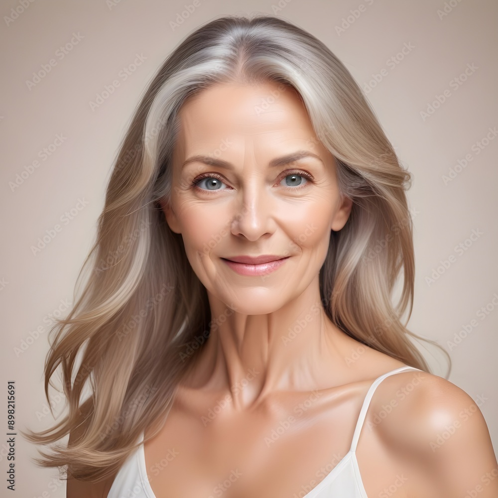 A 50 year old Caucasian lady with blonde gray hair and illuminated healthy complexion, showcasing smooth skin and a calm expression, reflecting the effects of a recent beauty treatment A 50 year old Caucasian lady with blonde gray hair and illuminated healthy complexion, showcasing smooth skin and a calm expression, reflecting the effects of a recent beauty treatment