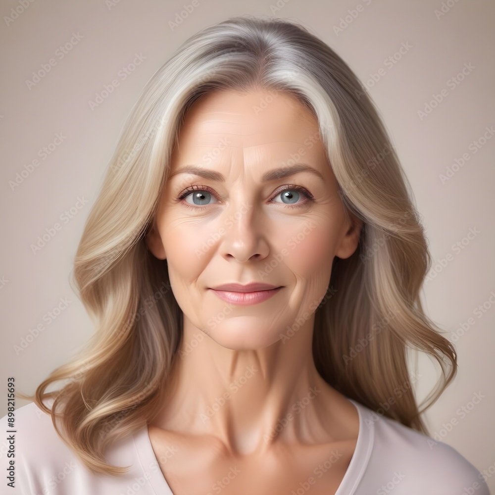 A 50 year old Caucasian lady with blonde gray hair and illuminated healthy complexion, showcasing smooth skin and a calm expression, reflecting the effects of a recent beauty treatment A 50 year old Caucasian lady with blonde gray hair and illuminated healthy complexion, showcasing smooth skin and a calm expression, reflecting the effects of a recent beauty treatment
