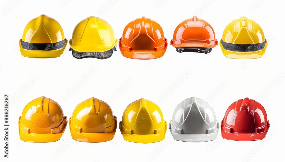 Assorted firefighter helmets for construction sites in various colors on white background Assorted firefighter helmets for construction sites in various colors on white background