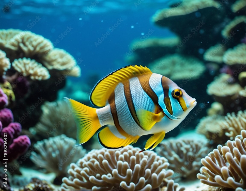 Vibrant orange white yellow blue red reef fish swim through coral reef. Sun rays pierce sea water. Variety of animal. Ecology hydrosphere. Anthropogenic factor influencing death of coral reefs. AI Vibrant orange white yellow blue red reef fish swim through coral reef. Sun rays pierce sea water. Variety of animal. Ecology hydrosphere. Anthropogenic factor influencing death of coral reefs. AI