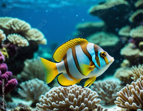 Vibrant orange white yellow blue red reef fish swim through coral reef. Sun rays pierce sea water. Variety of animal. Ecology hydrosphere. Anthropogenic factor influencing death of coral reefs. AI