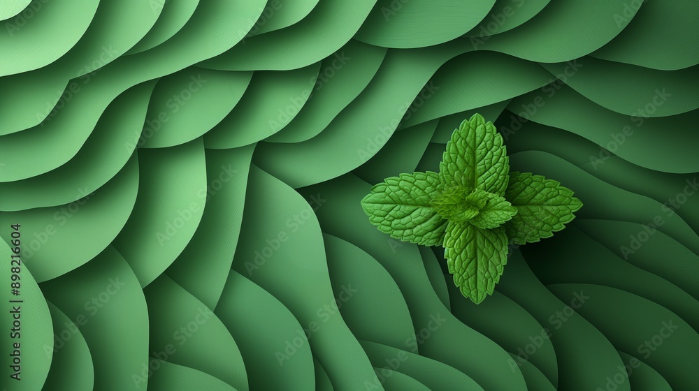Obraz premium Abstract Green Mint Leaf on Paper Waves Background