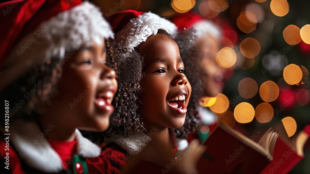 Joyful children in Santa hats singing Christmas carols with festive lights in the background, spreading holiday cheer and warmth. Joyful children in Santa hats singing Christmas carols with festive lights in the background, spreading holiday cheer and warmth.
