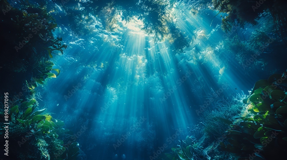 Naklejka premium sunlight streams through water, illuminating plant life at the surface's bottom