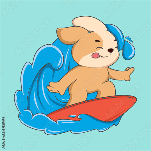 cartoon dog is surfing on a red surfboard in the ocean