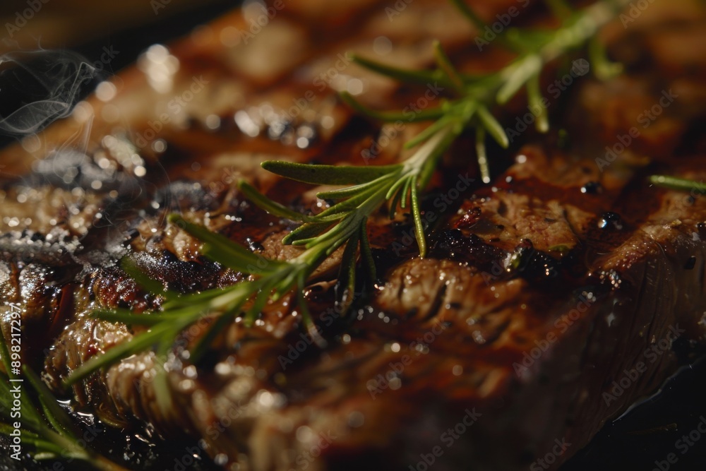 Perfectly grilled steak with rosemary garnish, gourmet main course, with copy space Perfectly grilled steak with rosemary garnish, gourmet main course, with copy space