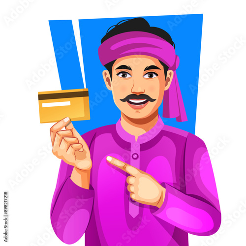 Happy Indian rural man showing debit or credit card to promote online payment with a debit card in an agricultural field. Concept of payment card, online banking, farmer, modern, debit card