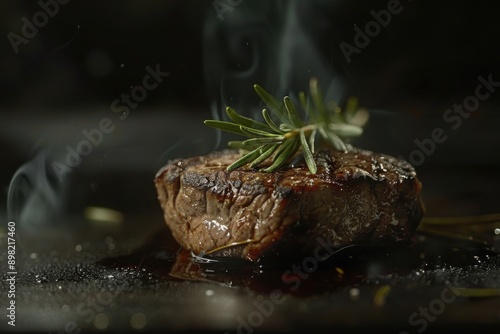 Perfectly grilled steak with rosemary garnish, gourmet main course, with copy space